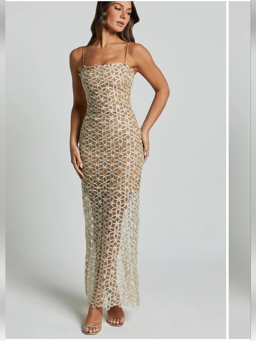 Showpo Beige Floral Lace Midi Dress with Cream Overlay Size 10 Nwt